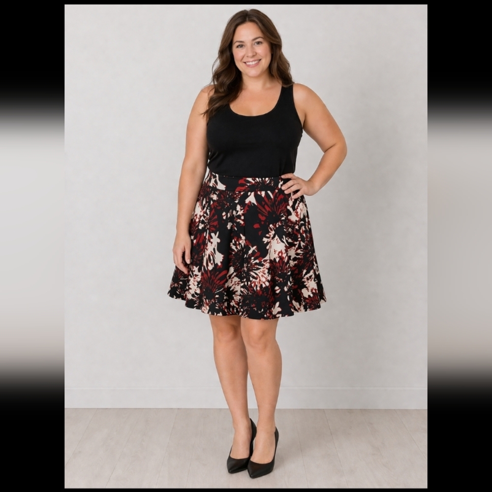 WORTHINGTON 16 Pleated Event Skirt Red Black Floral Pattern New